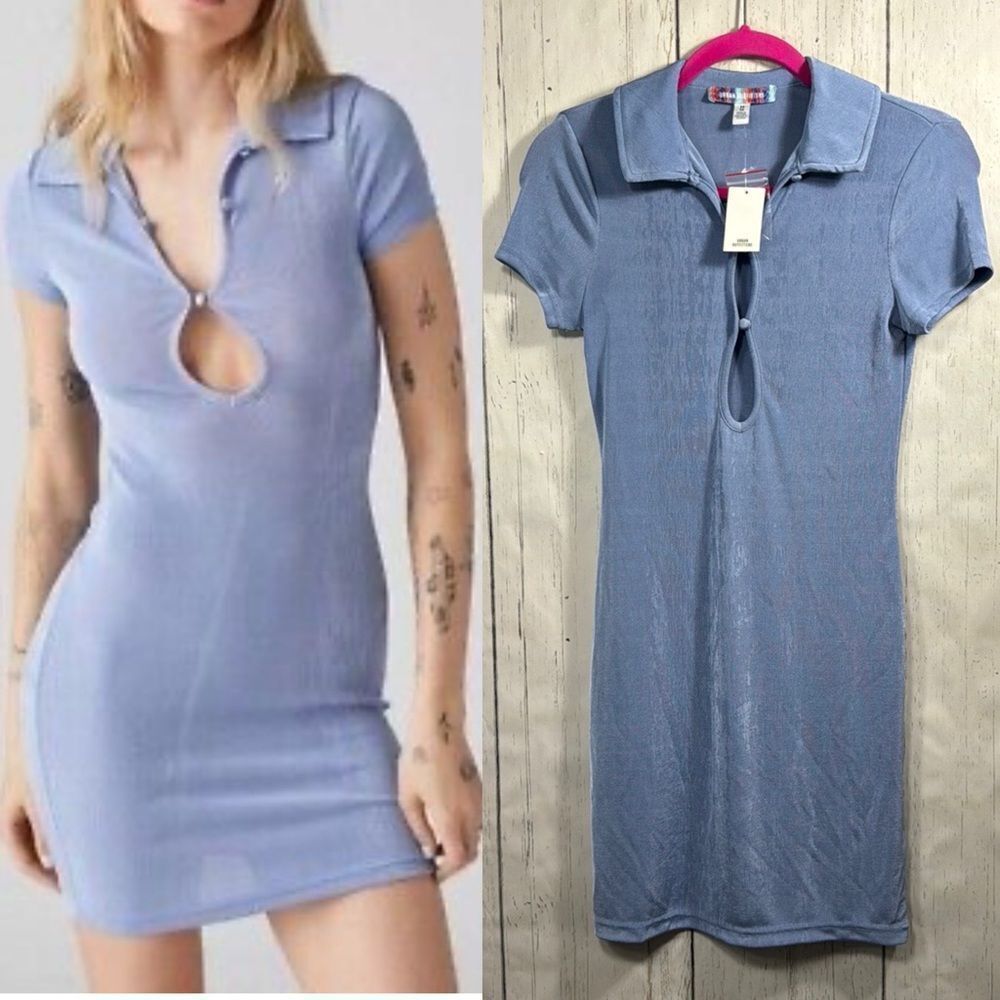 Urban Outfitters Blue Ribbed Cutout Polo Mini Dress Y2K Size M Coquette Soft